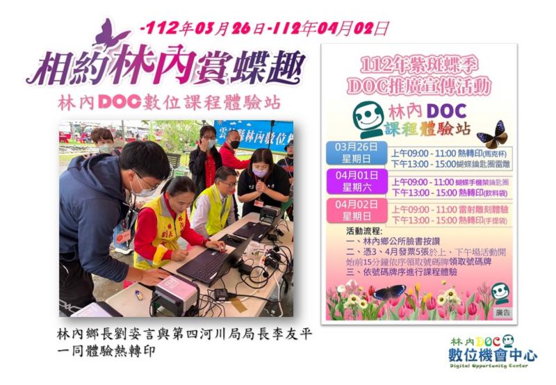112年03月26日林内紫斑蝶季林內DOC課程體驗站活動照片,右圖為4天的體驗課程內容。