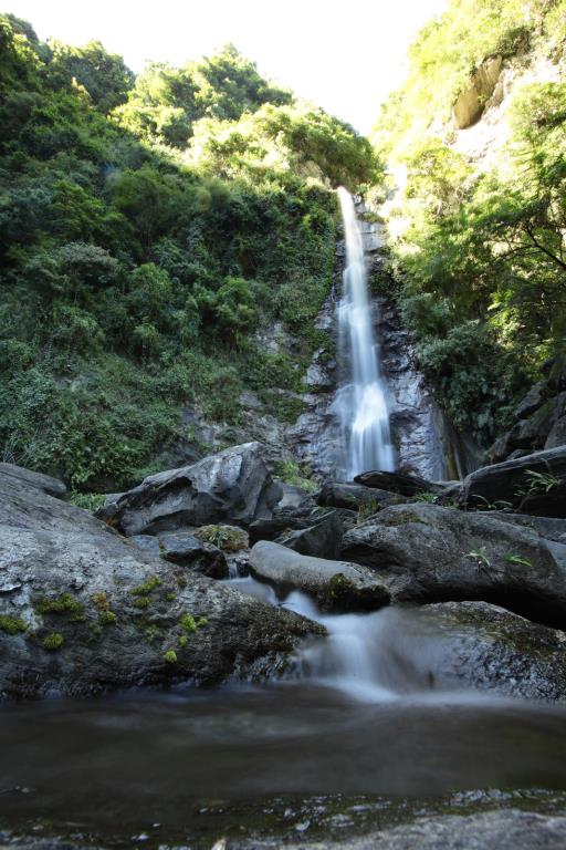 南安瀑布高約50公尺，岩壁上長滿了翠綠的植物，水量充沛，瀑布沿著石壁急奔而下