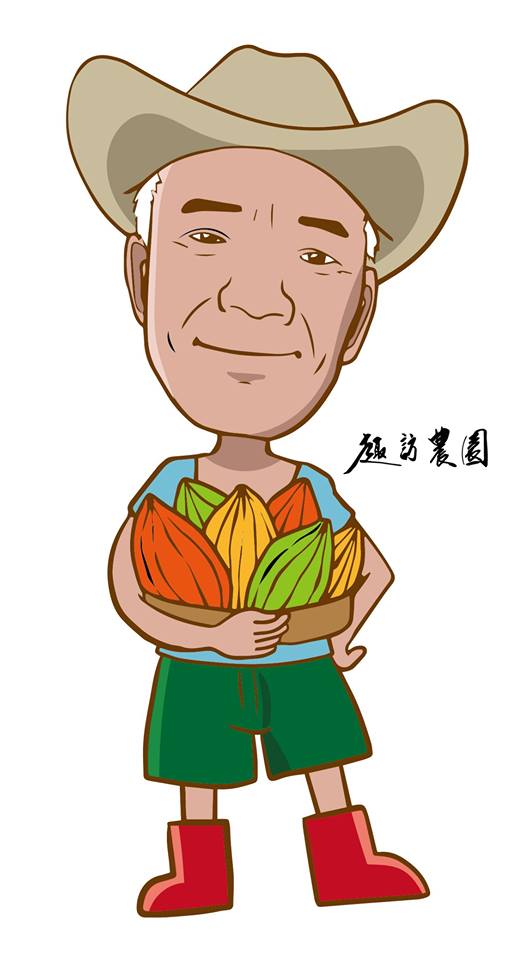 帶著牛仔帽，手捧著自家最自豪的產品「可可果」logo
