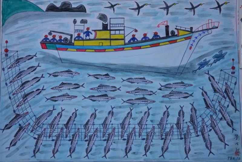 劉生根爺爺的畫作，漁船撒下大量漁網完補魚群，化作的色彩基調為藍色。