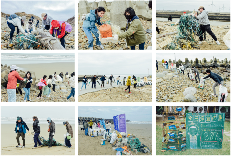 志工們在石礫間小心前行，俯身拾起散落各處的垃圾，共清運了387公斤的垃圾