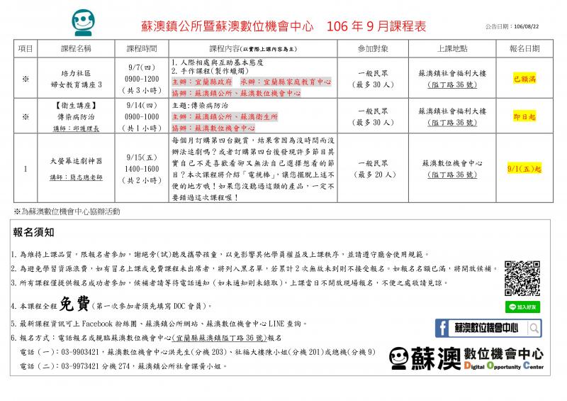 蘇澳DOC九月份開課公告-封面照