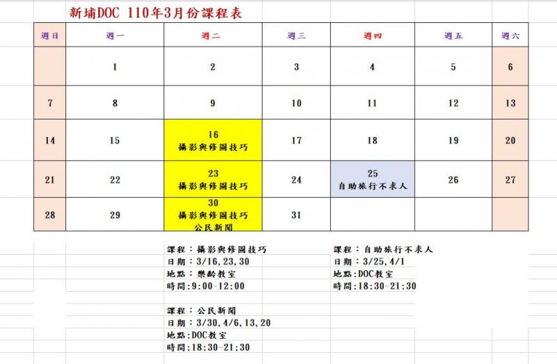 新埔DOC110年3月份課程表