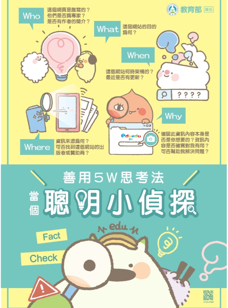 【遵守網路禮儀－善用(five)(w)思考法】 看你是個練(five)奇才，傳授你一套辨識不實訊息的基本作法，提升自我資訊素養！  (W)ho 內容是誰寫的？ (W)hat 這個內容是真的嗎？可找到其他佐證資料嗎？ (W)here 資訊來源為何？ (W)hen 發布的日期為何？網站最近是否有更新？ (W)hy 發布的目的可能為何？-封面照
