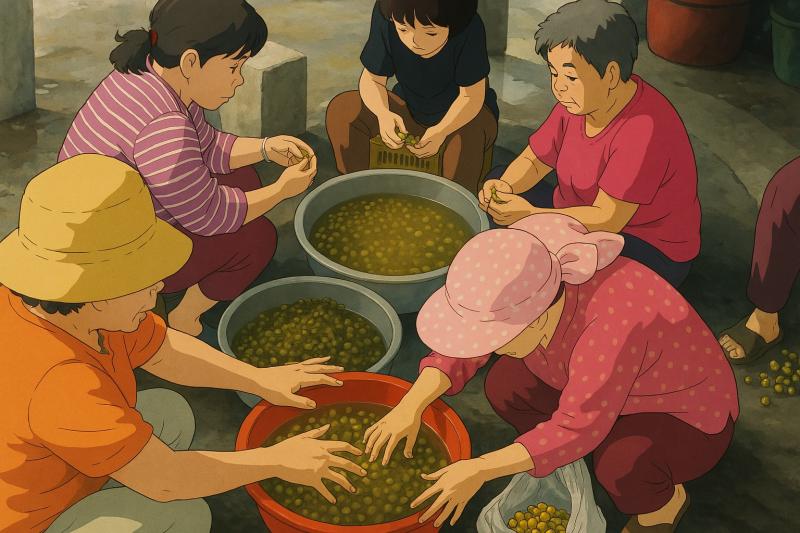 社區志工製作(破布子)自產自銷照片，指導長輩玩轉換為吉卜力風格圖片，另有一種不同。