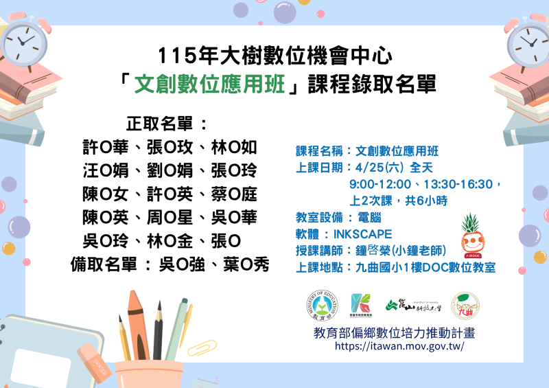 115年大樹數位機會中心「文創數位應用班」課程 錄取名單
