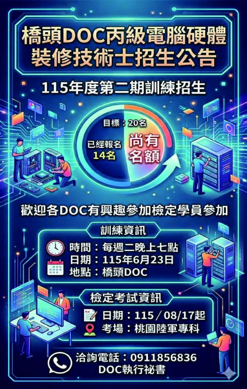 橋頭DOC丙級電腦硬體裝修技術士招生公告：