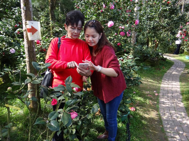 拍攝花卉時，講師指導學員角度及光線技巧。