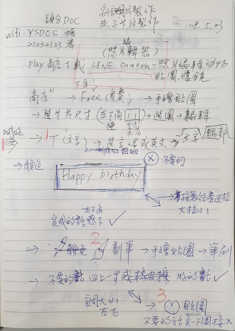 學員在製作中留下的手抄筆記，例如寫出happy birthday字樣的步驟、要如何調整的顏色等。