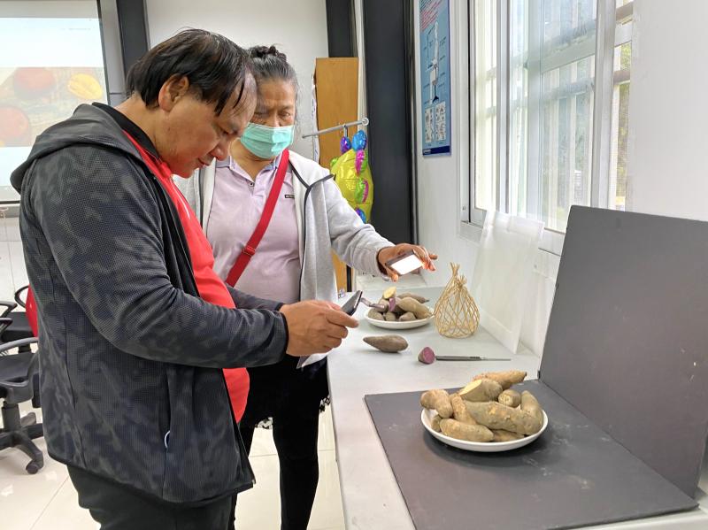 一位學員手拿燈，一位學員負責拍攝地瓜產品