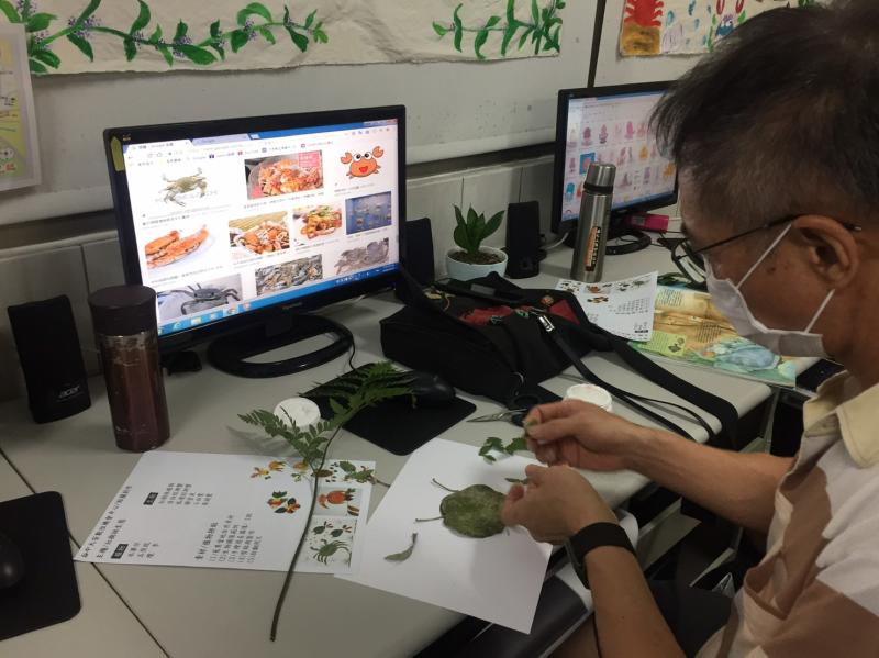 學員利用網路搜尋螃蟹圖片,用紅樹林自然素材製作螃蟹貼圖