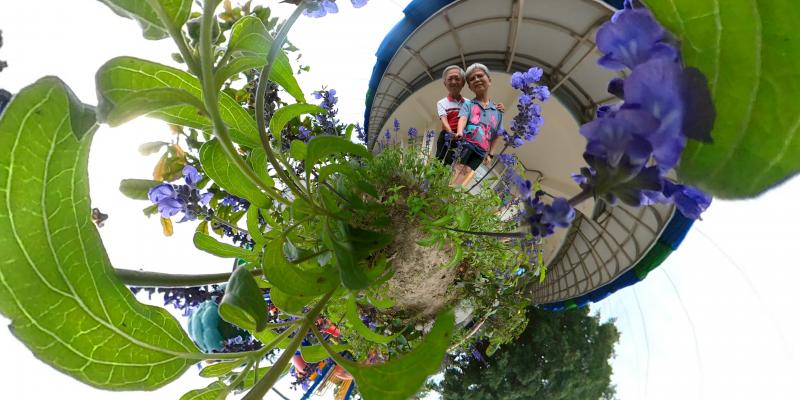 學員用360相機在花叢裡拍照