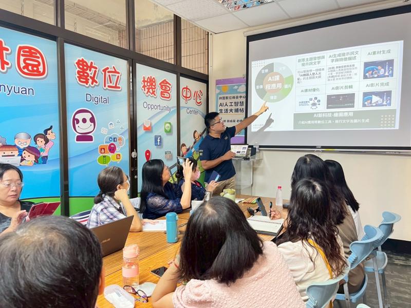 講師指導課程操作練習,學員嘗試利用AI進行「創意主題發想」與「提示詞文字生成」。