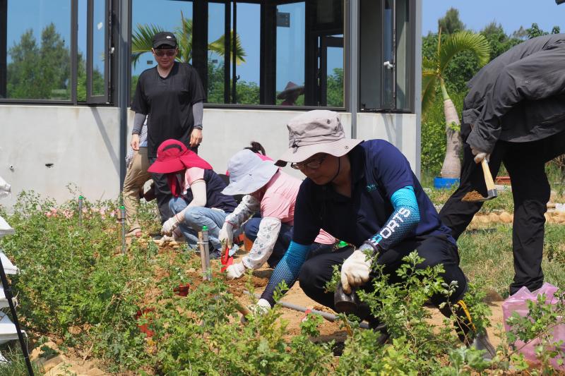 學員共同在花田中種下珍稀植物的花苗