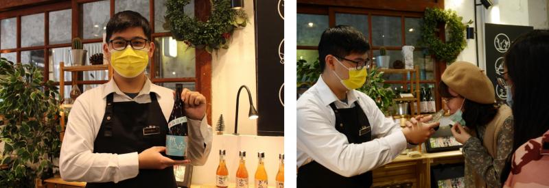 左圖：討酒吧華山店中，三光五月桃所釀造的桃酒。右圖：藉由試喝與聞香的方式推廣討酒吧的酒。
