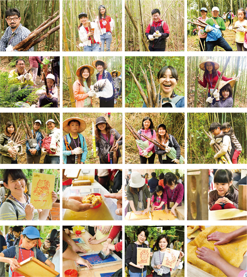 志工們用力踩下，桂竹筍便清脆的掉落，手裡抱著收穫滿滿的嫩筍，小孩也獲得珍貴的勞作體驗。午後的手抄紙DIY，使用小豬、關公、方口獅元素，印出屬於自己的作品。