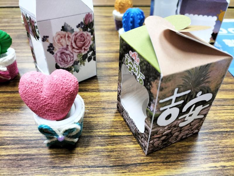 學員們運用Canva軟體設計出盆栽小公仔的外包裝盒