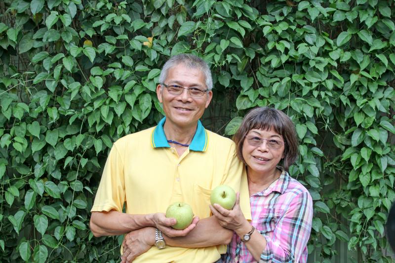 黃素麗女士與蘇木榮丈夫手上握著自家種的牛奶梨