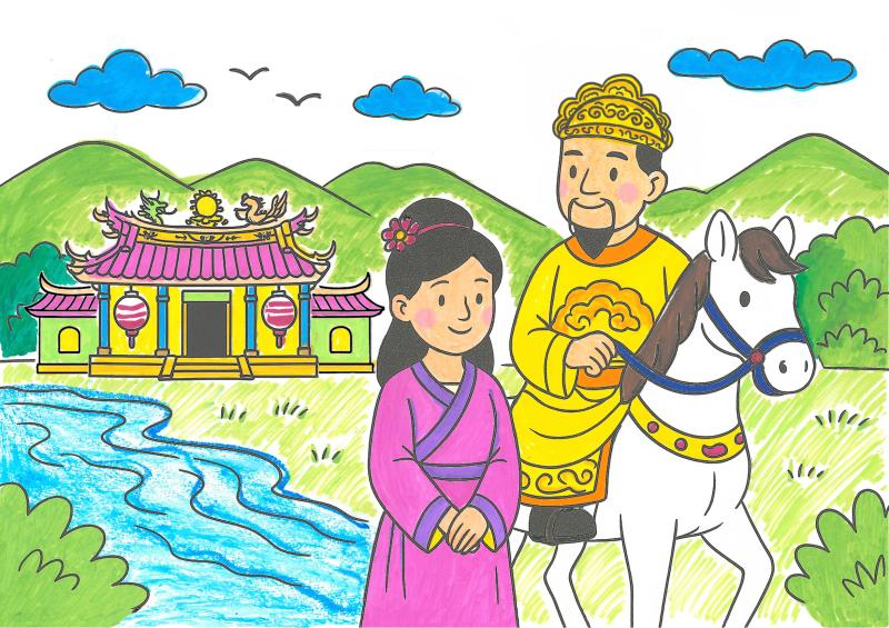 電子繪本封面插畫，畫面上大王爺與徐秀桃恩愛的站在山川風景中，遠處是九如的三山國王廟。