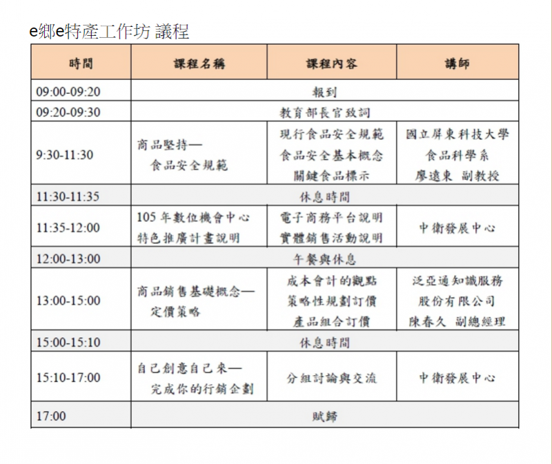 DOC特色推廣計畫－e鄉e特產工作坊行程表