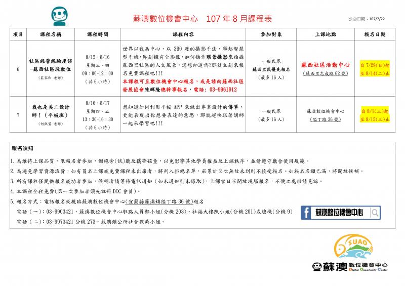 請留意上課日期與時間，詳細資訊請電洽03-9973421分機273，蘇澳鎮公所社會課吳小姐