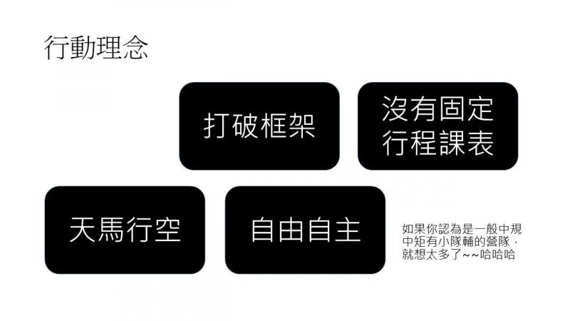 行動理念:打破框架、沒有固定行程課表、天馬行空、自由民主。