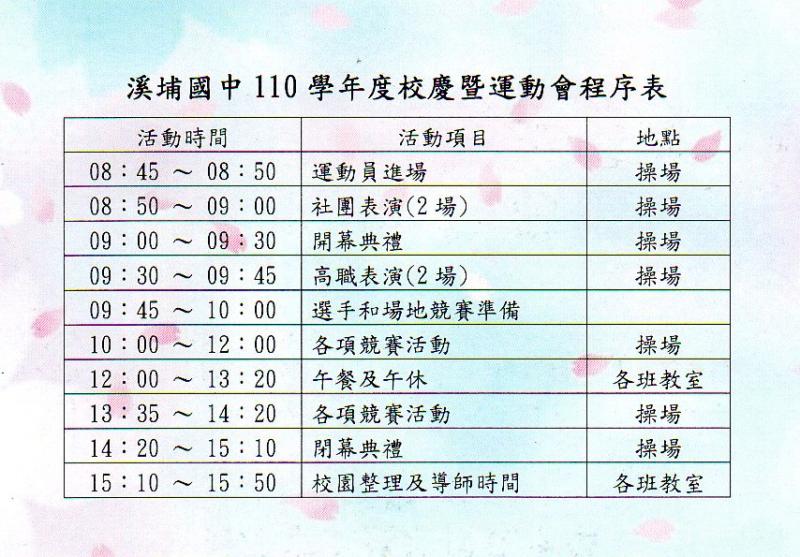 溪埔國中110學年度校慶暨運動會程序表