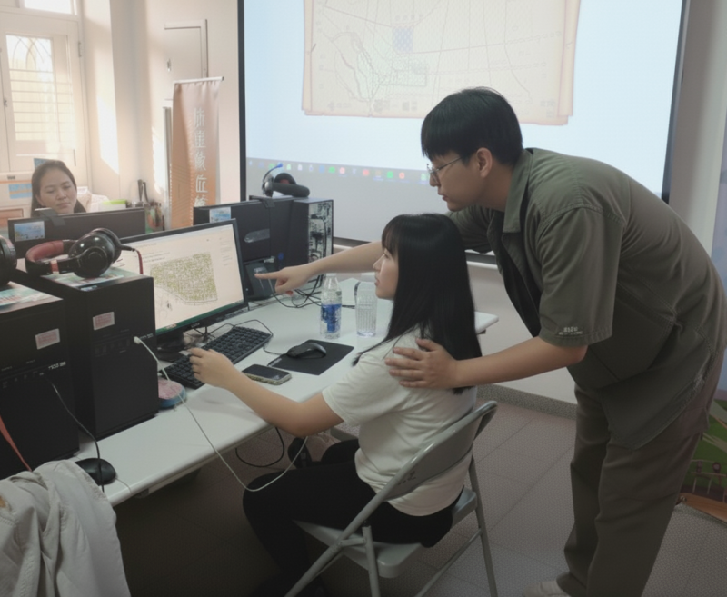 在這充滿活力的數位學習教室中，一場跨越時空的文化探秘之旅正熱烈展開。講師正親切地手把手指導一位年輕學員，共同專注於電腦螢幕上的數位化古地圖。這不只是一堂電腦課，更是將生硬的在地歷史文化資料，透過新潮流的數位科技轉化成引人入勝的互動體驗。
螢