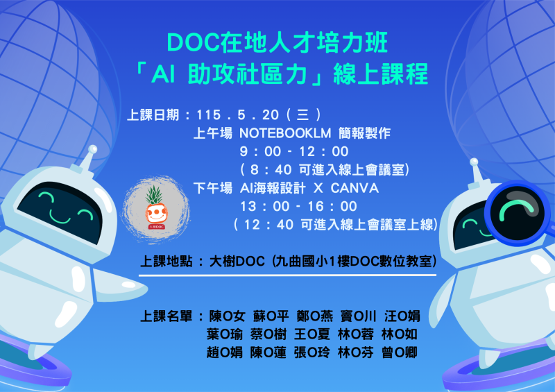 預覽圖-DOC在地人才培力班 「AI 助攻社區力」線上課程-大樹DOC上課名單