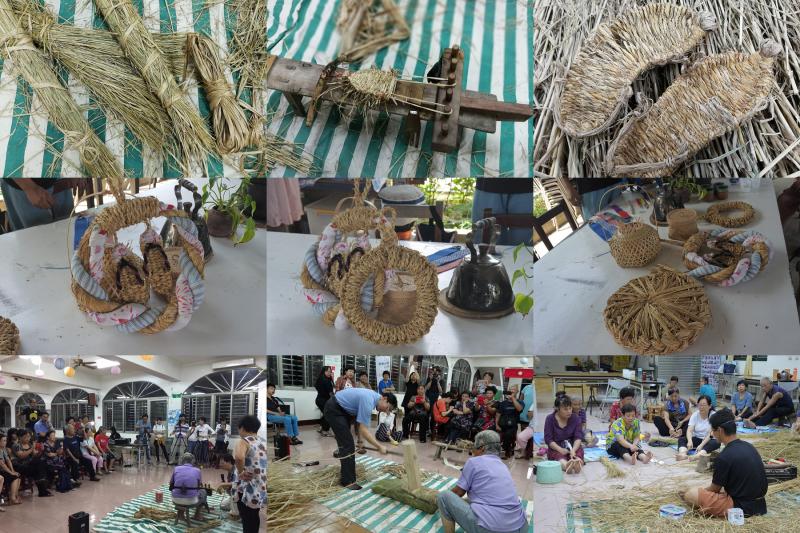 草鞋編織以數根稻草扭成繩索，依腳長在自製的木頭架上、拉出四條鞋底的「經線」，再慢慢地穿繞緯線，才能編成一雙扎實的好鞋。
