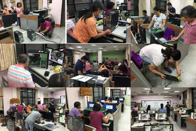 學員實際拆開電腦，清潔主機電腦；看看電腦零件有主機板、cpu、還原卡、水銀電池、光碟機、SSD、HDD。