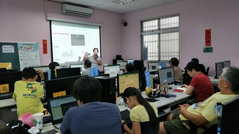 講師站在投影布幕前，手比著長條圖講述圖表的實用性與重要性。