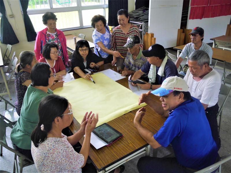 沛晴老師與學員們圍聚一起討論文化地圖的草稿
