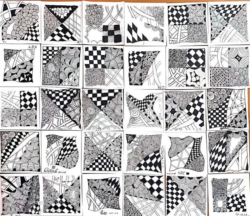 每位學員第一次的作品分享，用正方形圖卡，設計出四種圖形的運用。