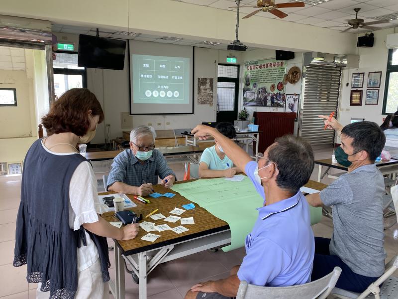 學員在桌前分組用海報紙和便利貼進行討論