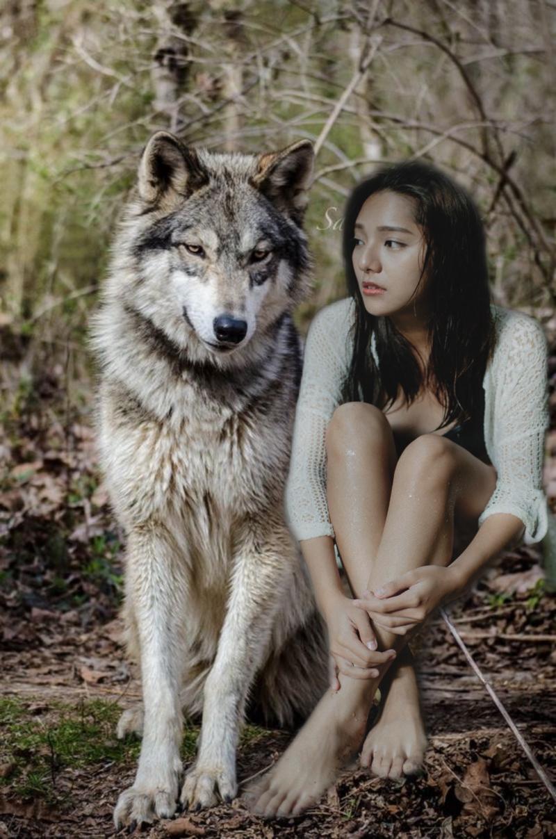 學員利用老師指導摳圖的技巧，將美女與狼放在同一圖層上成為一張不同的美照。