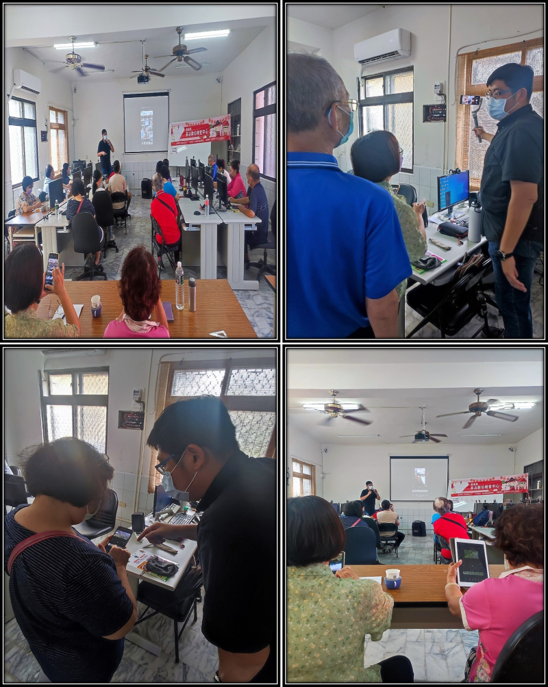 圖中老師講解美圖秀秀基本功能，包括修改尺寸，修改影片中的清晰度，光線，對比，色溫等修飾功能，並教學員製作封面，插入文字與音樂等常見功能。