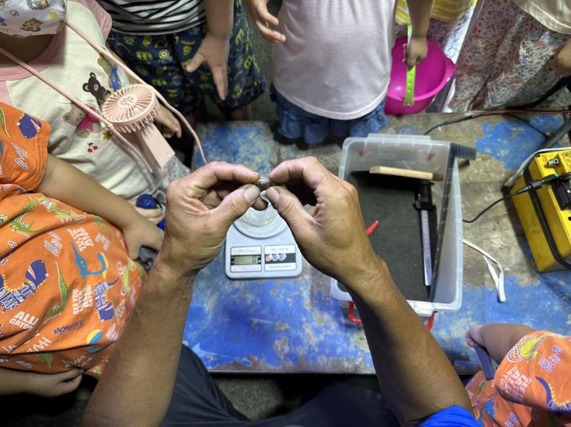 講師講解螃蟹資源調查,紀錄背寬及體重後移至路邊安全的地方