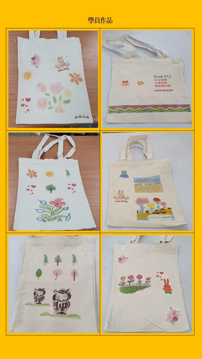 彩繪圖案後輸出列印熱轉印紙上，經修剪後平鋪於環保提袋並以熨斗燙平所呈現作品.