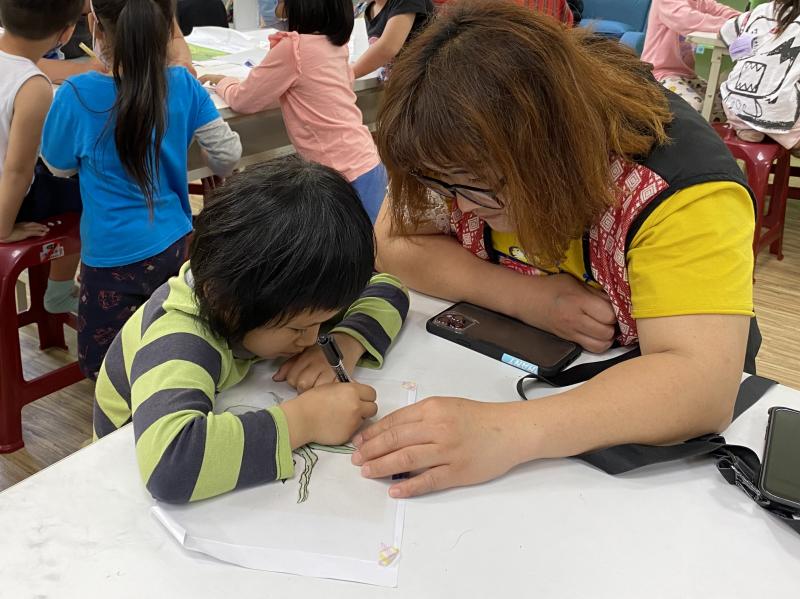 將野菜照片列印下來並加上描圖紙，以親子班的模式，讓小朋友描繪下野菜的圖樣。