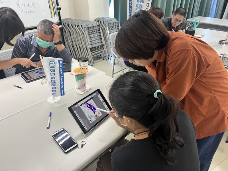 學員第一次使用平板繪圖工具，利用Sketchbook_、Sketches兩款APP，把彌陀地圖以色塊設計成魚的造型