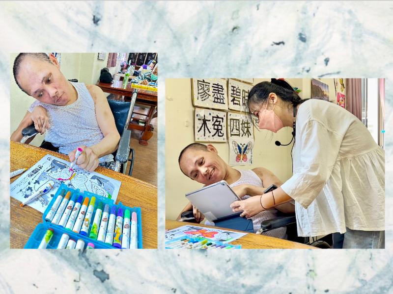 AAS坐在輪椅上的君倫對配色很有想法，他說他以前是國姓國中美術班的，看到透過Quiver 3D AR的運用，平面的彩蝶在平板上躍然而出時，他的心也跟著飛揚了起來...SDFF