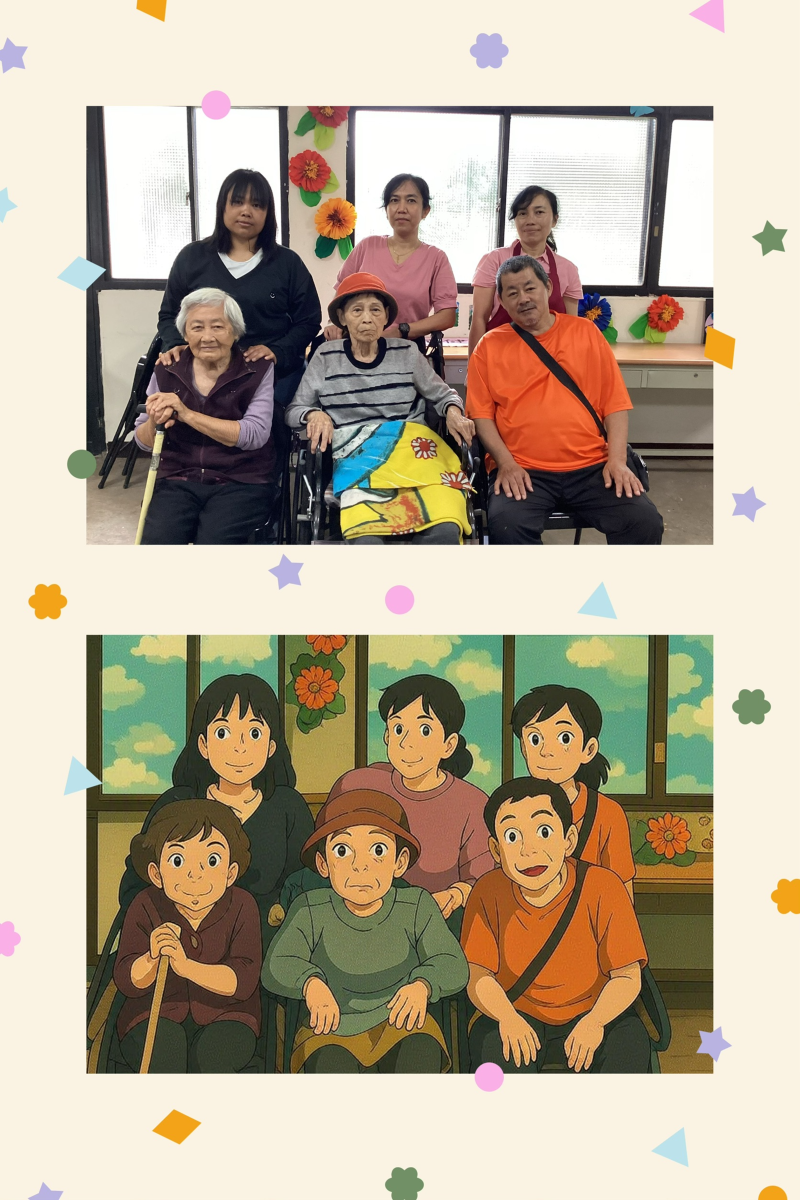 社區長輩們合影利用AI生成吉卜力風格相片