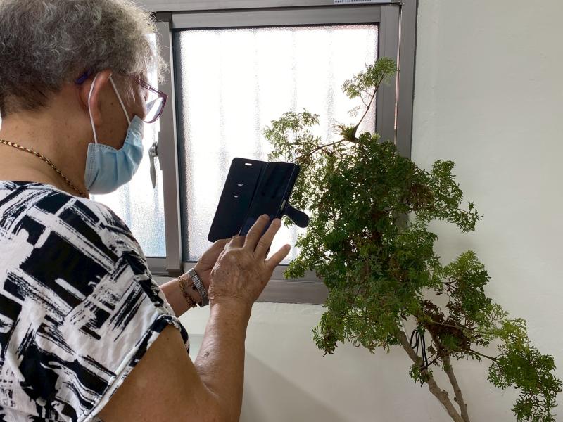 經過講師的教學,學員也想親自體驗使用智慧頭來查詢植物的名稱，於是馬上拿著手機對著植物操作使用,這樣以後就可以隨時運用智慧鏡頭來查詢植物名稱了。