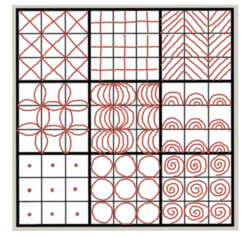 長輩創作的九宮格個電繪圖畫成果。